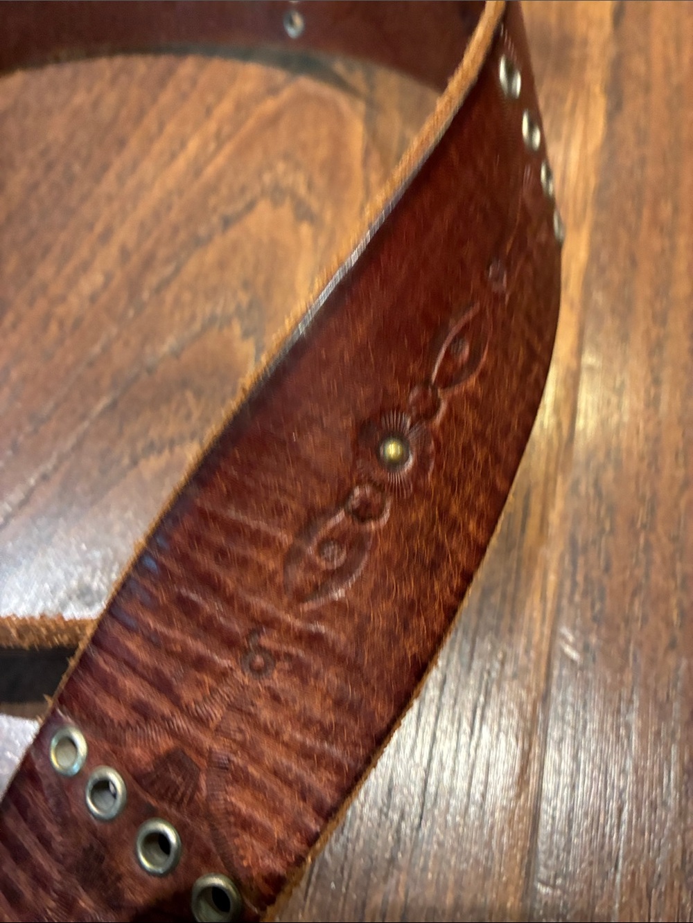 Women's Brown Leather Studded Belt with Geometric Metal Buckle - Picture 8 of 11